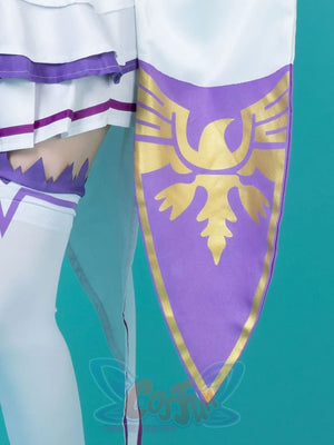Re:Zero Emilia cosplay skirt layers white ruffles beneath a purple sash traced in a gold bird print.