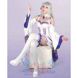 Re:Zero Emilia cosplay dress pairs full-length white skirt and purple trim with over-the-knee white socks.