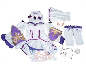 Re:Zero Emilia cosplay full set flat lay gathers white dress, ear prosthetics, thigh highs, and fabric flower clip.