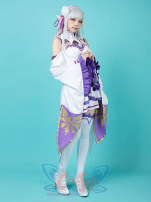 Re:Zero Emilia cosplay dress frames off-shoulder white bodice with a purple-gold patterned sash at the waist.