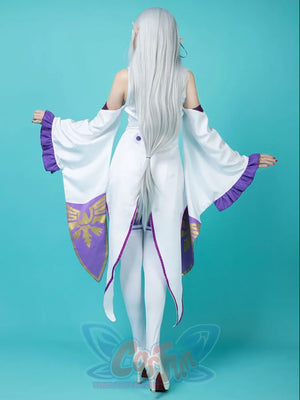 Re:Zero Emilia cosplay costume back view traces open flowing sleeves and gold purple emblems on white skirt.