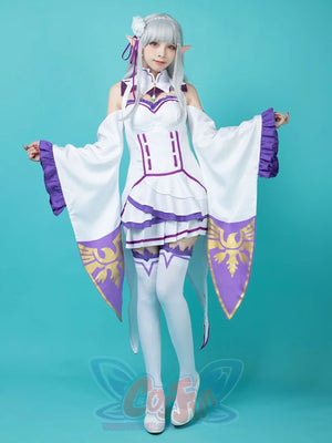 Re:Zero Emilia cosplay outfit sets tiered white dress against detached sleeves anchored by golden crest details.