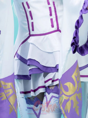 Re:Zero Emilia cosplay costume layers white ruffled purple-edged sleeves against a gold-patterned purple fabric.