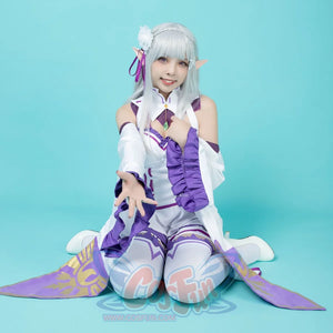 Re:Zero Emilia cosplay set centers white flower clip and green gem against purple-ruffled dress and stockings.