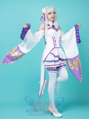 Re:Zero Emilia cosplay costume balances dramatic wide sleeves and floral headpiece over white heels.