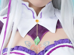 Re:Zero Emilia cosplay top centers purple-trim diamond cutouts beside a gold chain pendant with faux jewels.