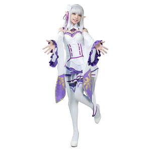 COSFUN Re:Zero Emilia cosplay costume layers white frilled dress over purple-trim leggings and pointed ears.