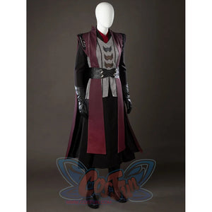 Rhaenyra Targaryen cosplay costume angled view frames black sleeves beneath the maroon outer robe.