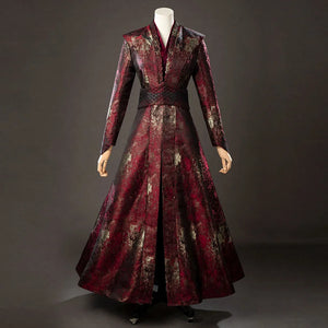 COSFUN House of the Dragon Rhaenyra Targaryen cosplay costume centers a burgundy long robe around a dark pleated skirt.