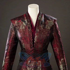 House of the Dragon Rhaenyra Targaryen cosplay costume layers a burgundy inner sash below the robe collar.