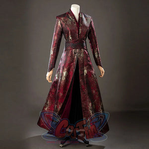 House of the Dragon Rhaenyra Targaryen cosplay costume opens the burgundy robe around the black inner skirt.