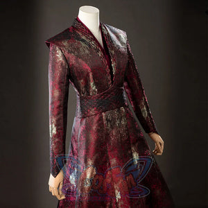 House of the Dragon Rhaenyra Targaryen cosplay costume frames the structured shoulder and burgundy sleeve panel.