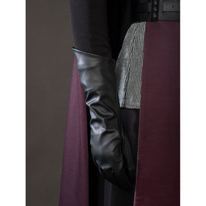 Rhaenyra Targaryen cosplay glove detail layers black faux leather over the sleeve beside gray fabric.