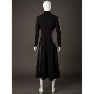 Rhaenyra Targaryen cosplay inner robe back view keeps a clean black line through the long coat shape.