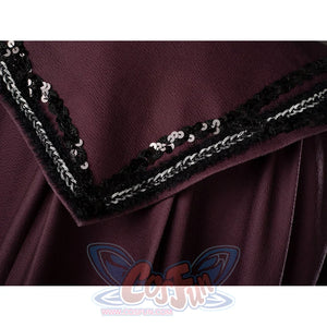 Rhaenyra Targaryen cosplay robe trim close-up textures maroon fabric below black sequined edging.