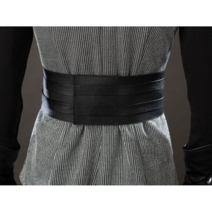 Rhaenyra Targaryen cosplay waist cincher back view stacks black bands across the gray vest panel.