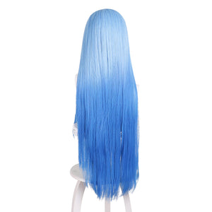 Back view of Richeh cosplay wig from Witch Hat Atelier with long blue straight hair and darker blue ends