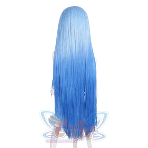 Back view of Richeh cosplay wig from Witch Hat Atelier with long blue straight hair and darker blue ends