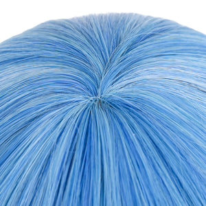 Top close-up of Richeh cosplay wig from Witch Hat Atelier showing blue fiber crown, center swirl, and straight strands