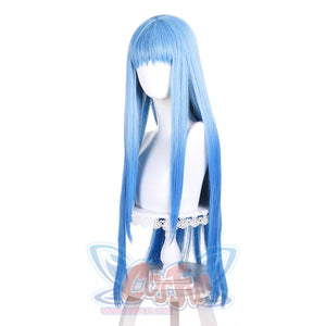 Angled front view of Richeh cosplay wig from Witch Hat Atelier with long blue hair, straight bangs, and side strands