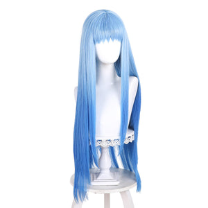 Three-quarter view of Richeh cosplay wig from Witch Hat Atelier with long blue straight hair and layered bangs
