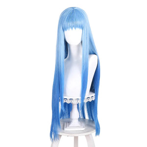 Front view of Richeh cosplay wig from Witch Hat Atelier with long blue straight hair, full bangs, and dark side locks