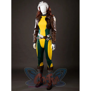 Angled front view of Rogue Anna Marie cosplay costume with brown jacket, yellow green bodysuit, utility belt, and gloves