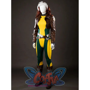 Angled front view of Rogue Anna Marie cosplay costume with brown jacket, yellow green bodysuit, utility belt, and gloves
