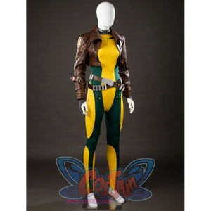 Angled front view of Rogue Anna Marie cosplay costume with cropped brown jacket, yellow green bodysuit, belt, and gloves