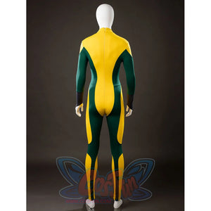 Back view of Rogue Anna Marie cosplay costume bodysuit with yellow center panel, green sides, and lower leg accents