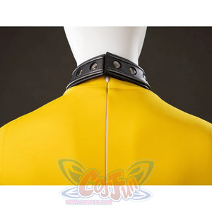 Back collar detail of Rogue Anna Marie cosplay costume with black choker, yellow bodysuit, and centered back seam