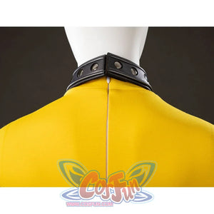 Back collar detail of Rogue Anna Marie cosplay costume with black choker, yellow bodysuit, and centered back seam