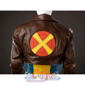 Back jacket view of Rogue Anna Marie cosplay costume with red yellow X emblem, brown collar, and stitched panels