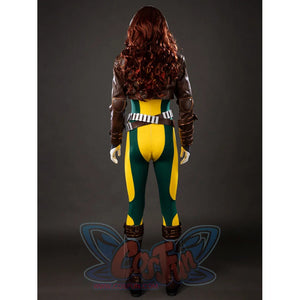 Back view of Rogue Anna Marie cosplay costume with brown jacket, red yellow X emblem, yellow green bodysuit, and belt