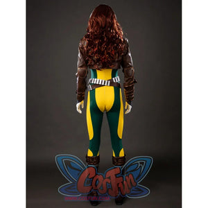 Back view of Rogue Anna Marie cosplay costume with brown jacket, red yellow X emblem, yellow green bodysuit, and belt