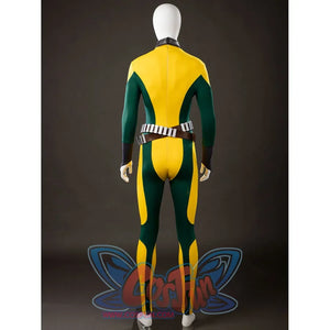 Back view of Rogue Anna Marie cosplay costume bodysuit with yellow green panels, choker, waist belt, and leg accents