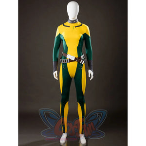 Front view of Rogue Anna Marie cosplay costume bodysuit with yellow chest panel, green sides, choker, belt, and gloves