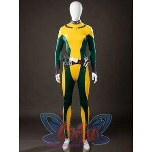 Front view of Rogue Anna Marie cosplay costume bodysuit with yellow chest panel, green sides, choker, belt, and gloves