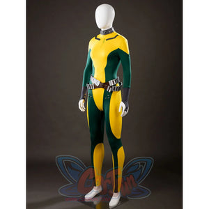 Angled side view of Rogue Anna Marie cosplay costume bodysuit with yellow green panels, choker, waist belt, and gloves