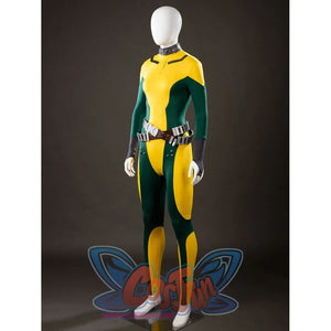 Angled side view of Rogue Anna Marie cosplay costume bodysuit with yellow green panels, choker, waist belt, and gloves