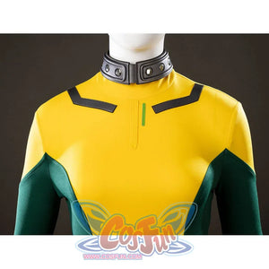 Upper bodysuit detail of Rogue Anna Marie cosplay costume with yellow chest, green sleeves, black trim, and choker