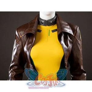 Chest close-up of Rogue Anna Marie cosplay costume with brown jacket collar, black choker, and yellow bodysuit