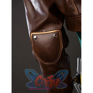 Elbow pad close-up of Rogue Anna Marie cosplay costume brown jacket with rounded patch, snaps, and stitched trim