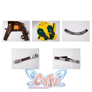 Flat lay of Rogue Anna Marie cosplay costume set with brown jacket, yellow green bodysuit, choker, belts, and gloves