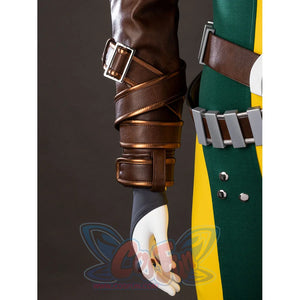 Forearm detail of Rogue Anna Marie cosplay costume brown jacket with wrap straps, buckle cuff, gray glove, and belt