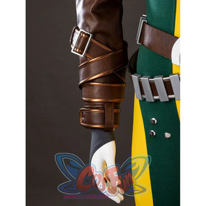 Forearm detail of Rogue Anna Marie cosplay costume brown jacket with wrap straps, buckle cuff, gray glove, and belt