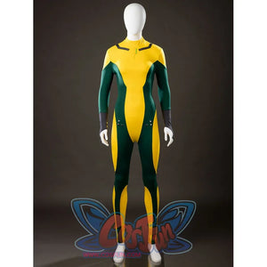 Front view of Rogue Anna Marie cosplay costume bodysuit with yellow center panel, green sides, gray gloves, and studs