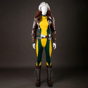Front full view of Rogue Anna Marie cosplay costume with brown jacket, yellow green bodysuit, waist belt, and gloves