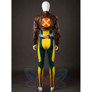 Back view of Rogue Anna Marie cosplay costume with brown jacket, red yellow X patch, yellow green bodysuit, and belt