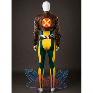 Back view of Rogue Anna Marie cosplay costume with brown jacket, red yellow X patch, yellow green bodysuit, and belt